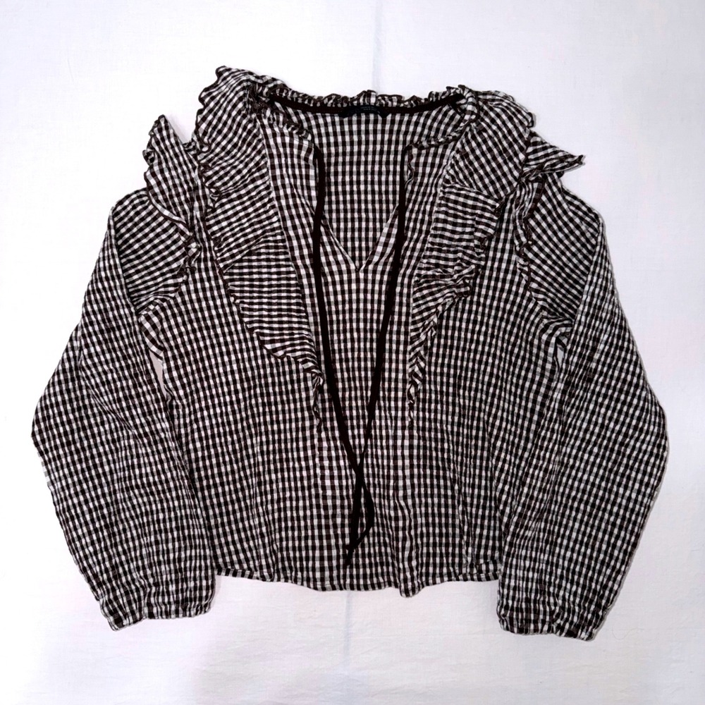 Zara Blouse Womens XL Brown White Gingham Ruffle Tie Neck Long Sleeve Cropped